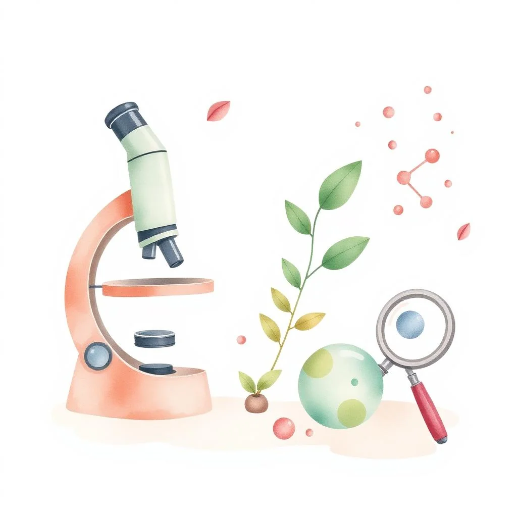 Ilustração de microscópio, folhas e lupa representando as Ciências