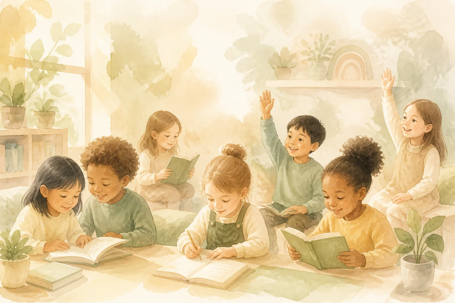 Ilustração sutil de crianças felizes estudando juntas em sala de aula acolhedora