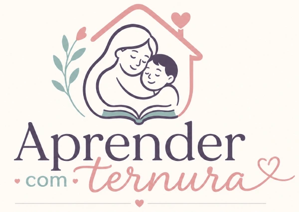 Logo Aprender com Ternura: mãe e filho abraçados sobre um livro dentro de uma casa