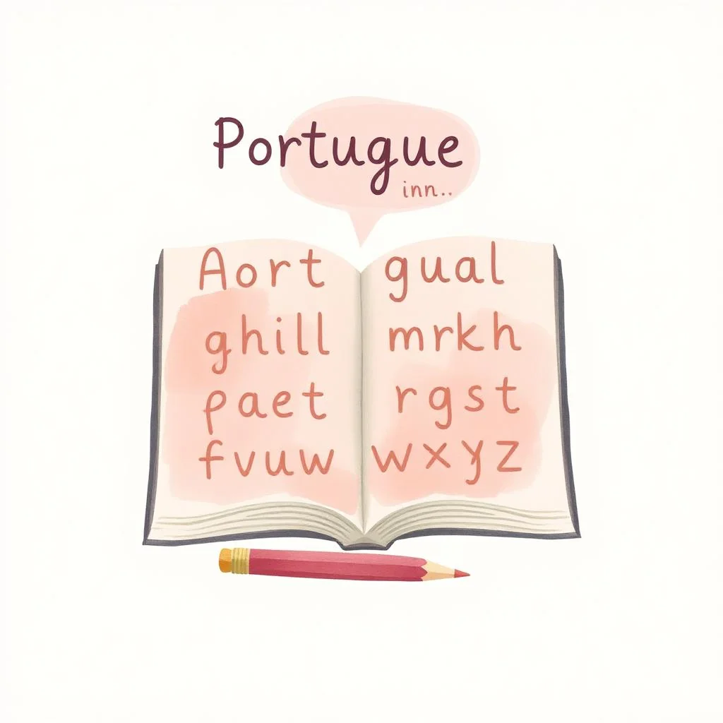 Ilustração de livro aberto e alfabeto representando a Língua Portuguesa